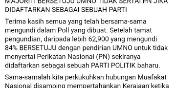 84 PERATUS SETUJU UMNO TIDAK SERTAI PN JIKA DIDAFTARKAN SEBAGAI SEBUAH PARTI
