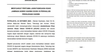MALAYSIA BAKAL PEROLEH BEKALAN VAKSIN COVID-19 AWAL TAHUN HADAPAN