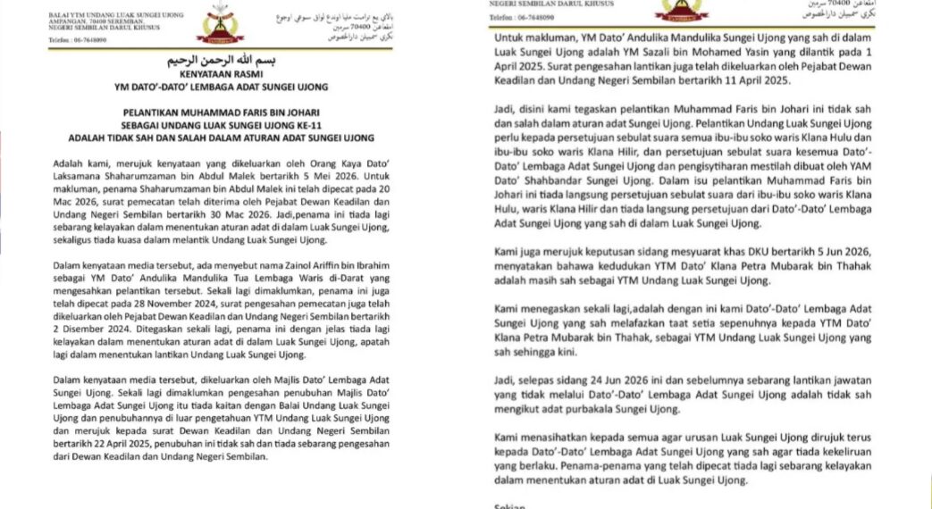 PELANTIKAN MUHAMMAD FARIS SEBAGAI UNDANG LUAK SUNGEI UJONG TIDAK SAH – LEMBAGA ADAT SUNGEI UJONG